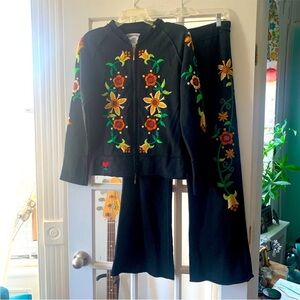 Johnny Was Joystick Top and Wide Leg Pants with Floral Embroidery